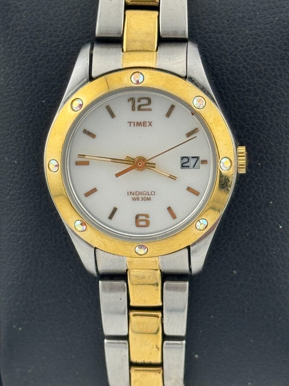 Timex Indiglo Ladies Quartz Watch Two-Tone Crystal Accent Bezel Date WR 30M